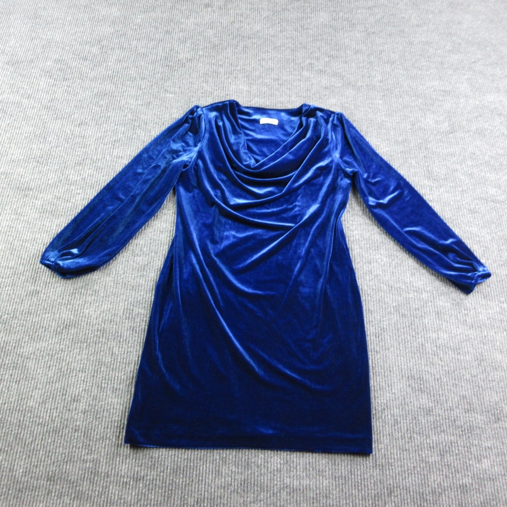 Calvin Klein Dress Womens 12 Blue Velvet Shift Cowl Neck Long Balloon Sleeve